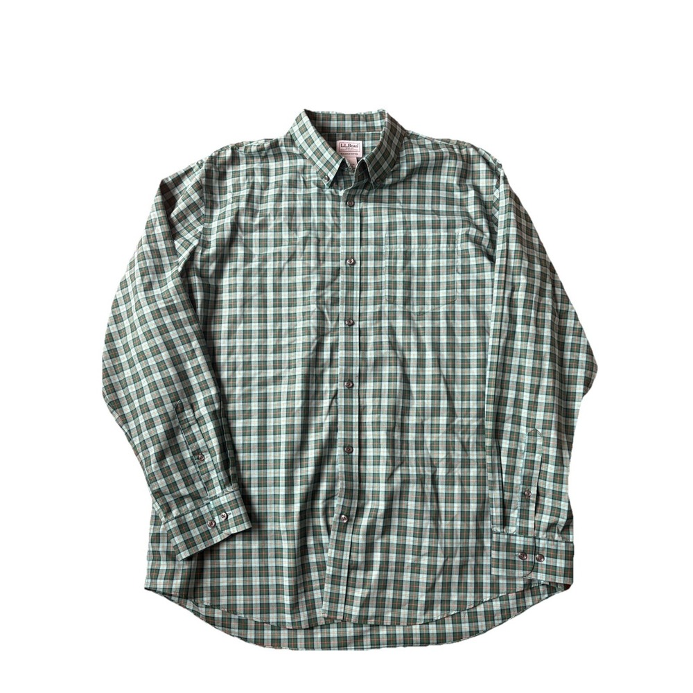 LL Bean Flannel Shirt Men's XL Green Red Plaid Slightly Fitted Button Down